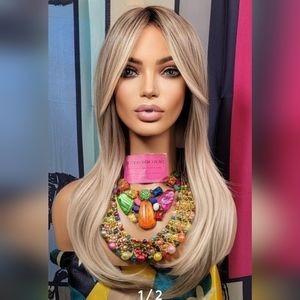 Swoop bang ash blonde brown root balayage highlighted wig this wig